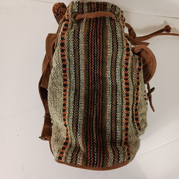 Catori Southwestern Drawstring Mini Backpack Bag Brown Blanket Canvas Tweed - Picture 9 of 15